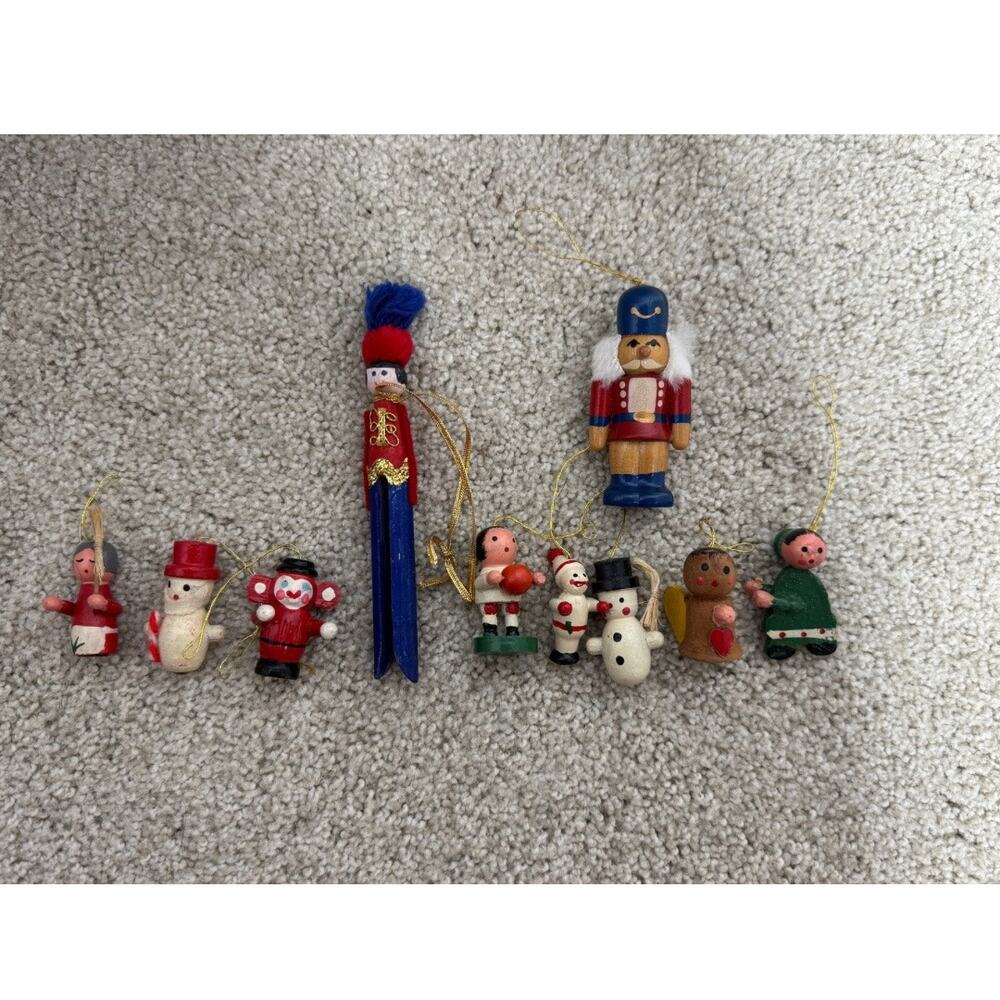 Vintage Wooden Mini Christmas Ornaments Lot 1970s Hand-Painted Nice Collection